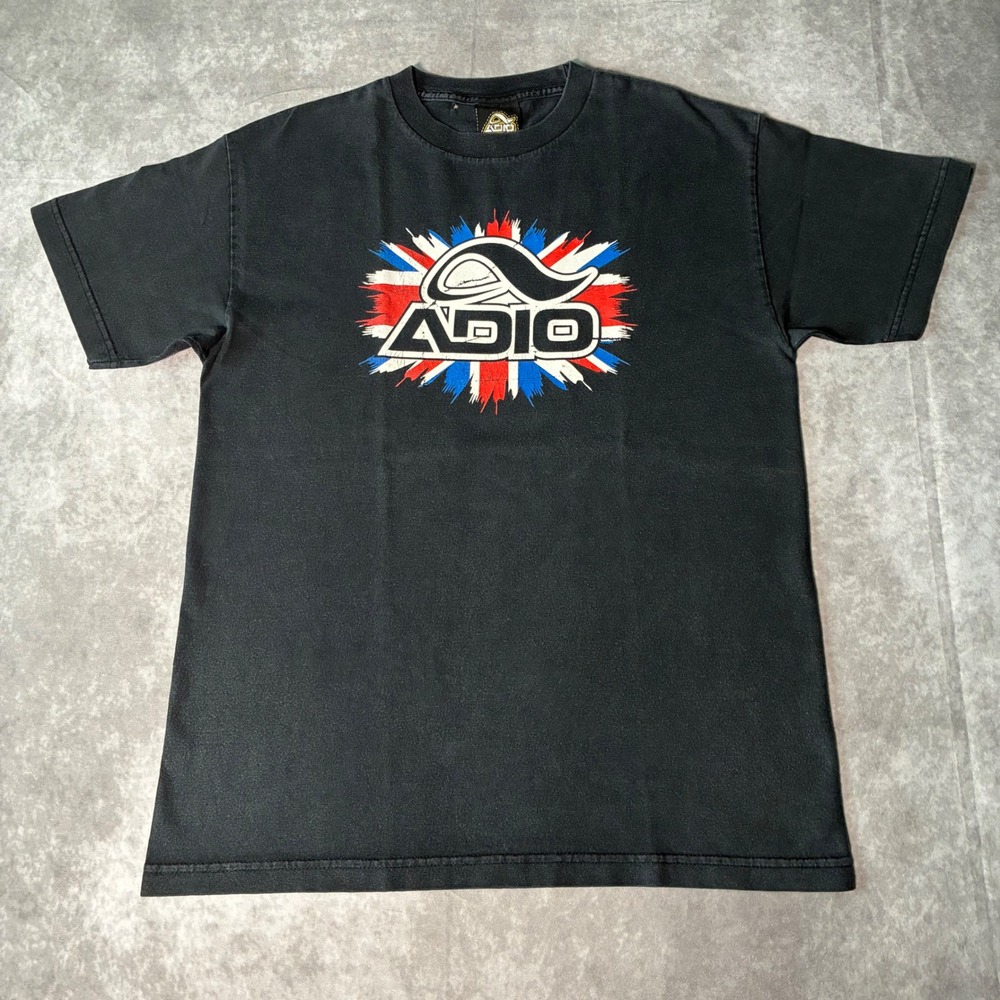 RARE Vintage Adio Footwear Skateboard T-Shirt Mens Large Black Union Jack Logo